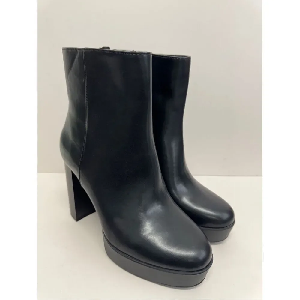Alfani Boots Size 10‎ Black Almond Toe Faux Leather High Heel Side Zip NEW